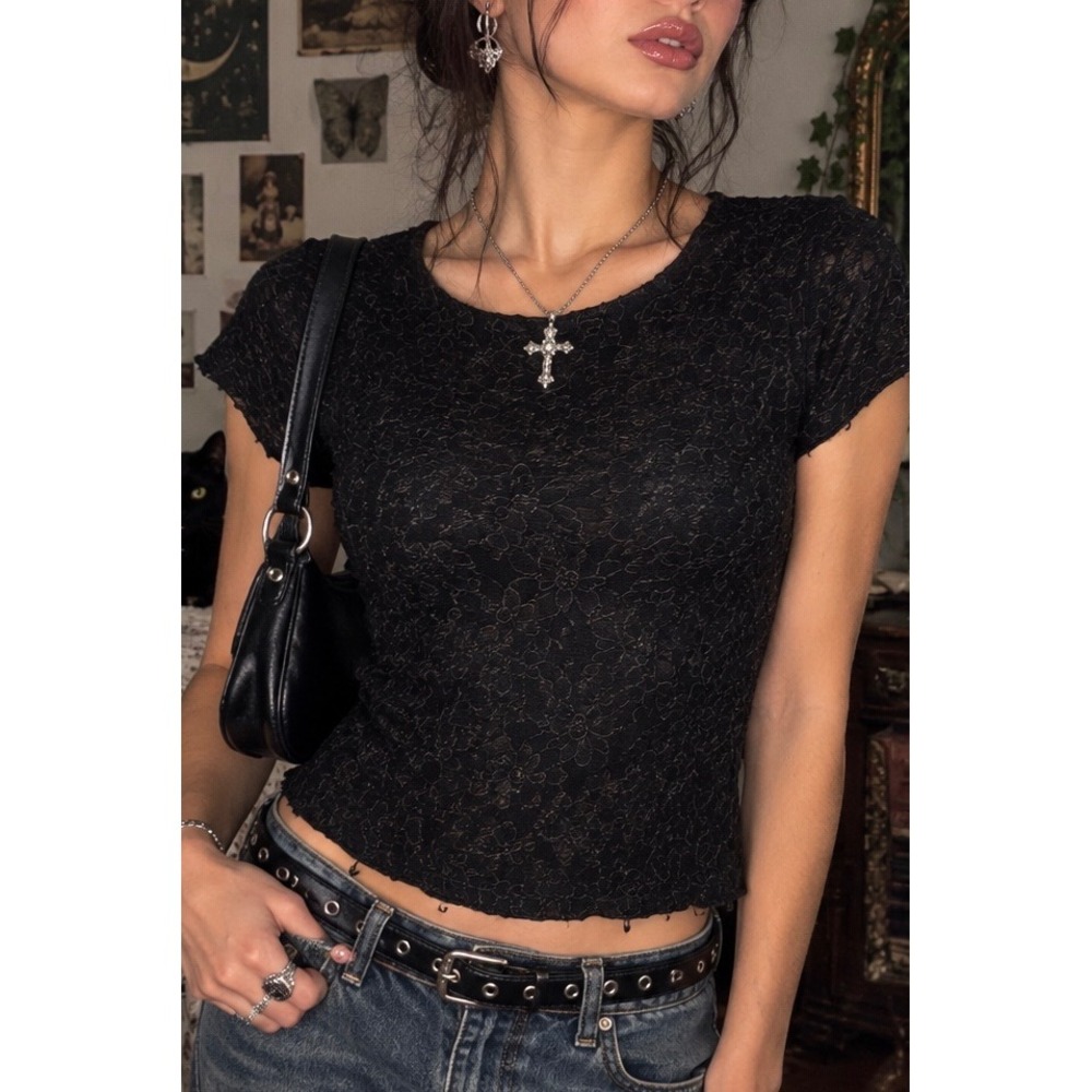 Goodclothes Top Small Black Lace Sheer Short Sleeve Floral Scoop Neck Whimsigoth